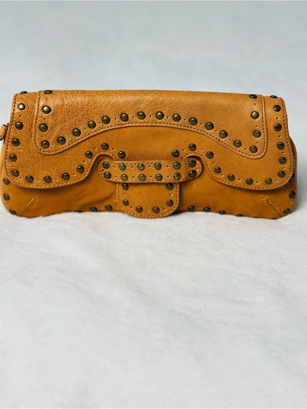Kooba Studded Tan Leather Clutch Magnetic Flap Closure